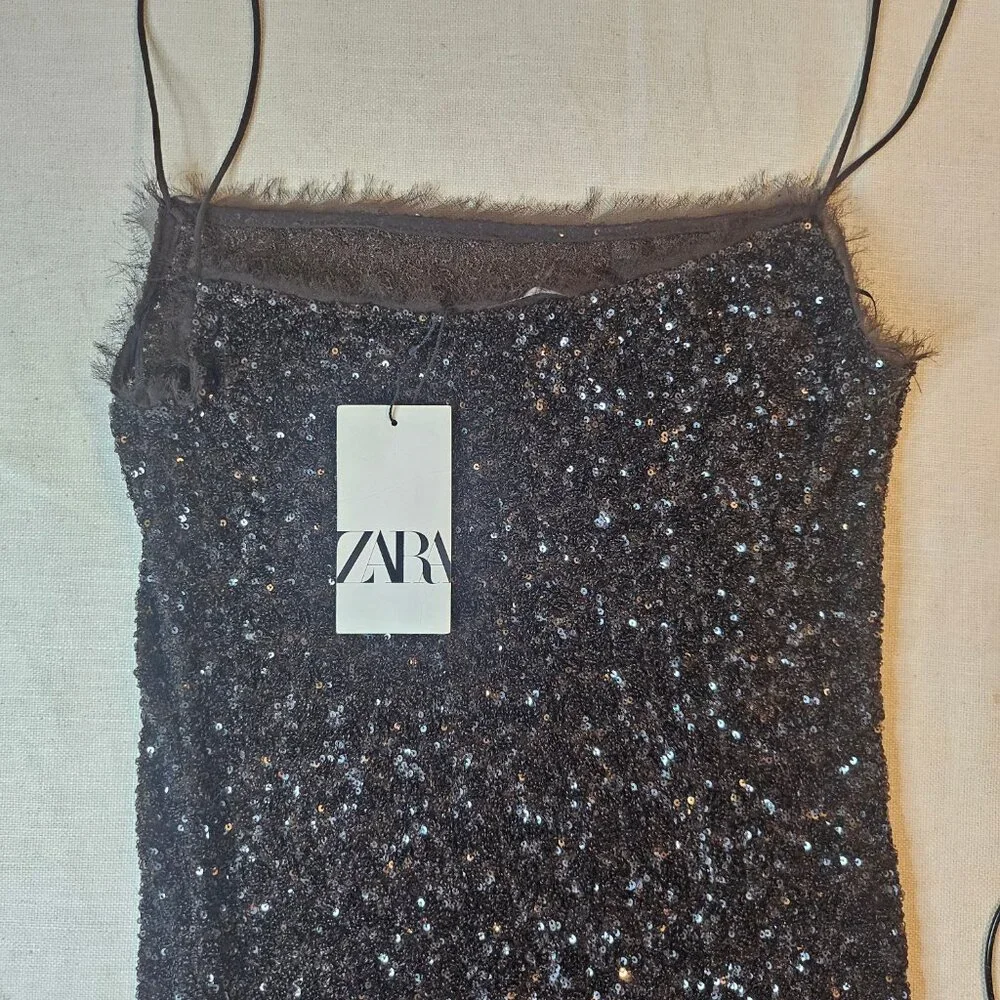 Zara Full Length Brown Sequin Dress - Size XL - Picture 6 of 7